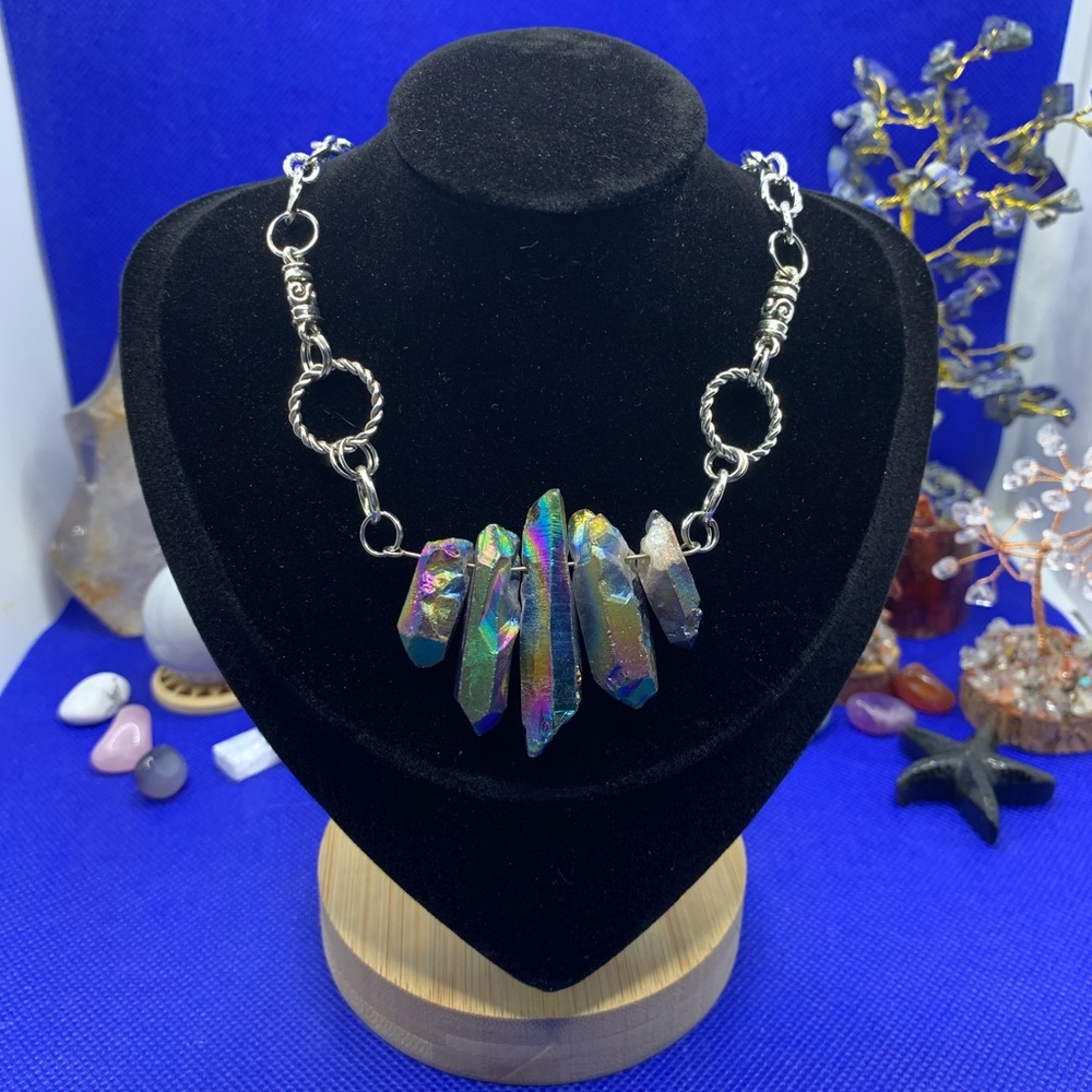 Rainbow Titanium Quartz Power Point Necklace, Clavicle Length, Handmade in CO!